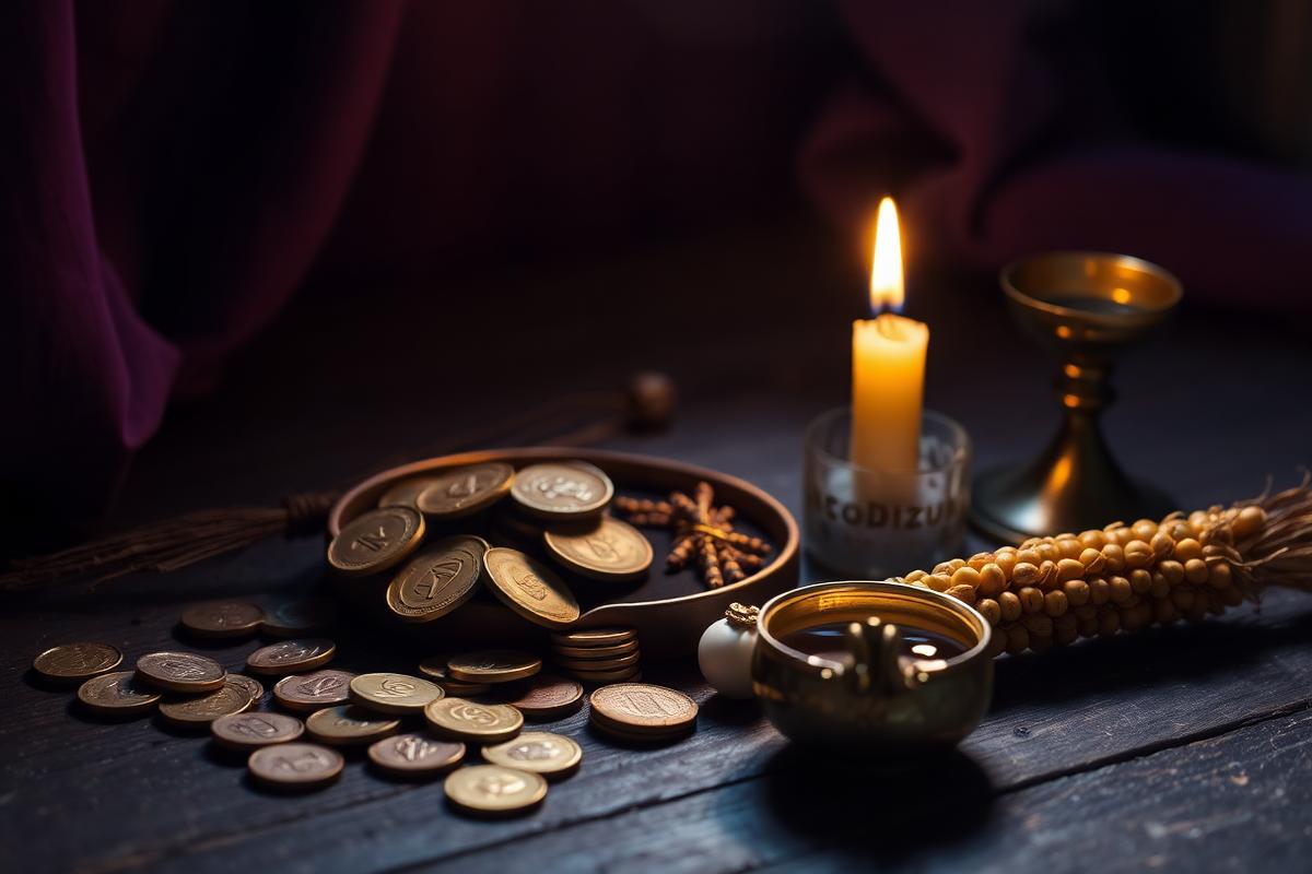 Brass coins, grain and cowrie shells arranged for a marriage blessing ritual